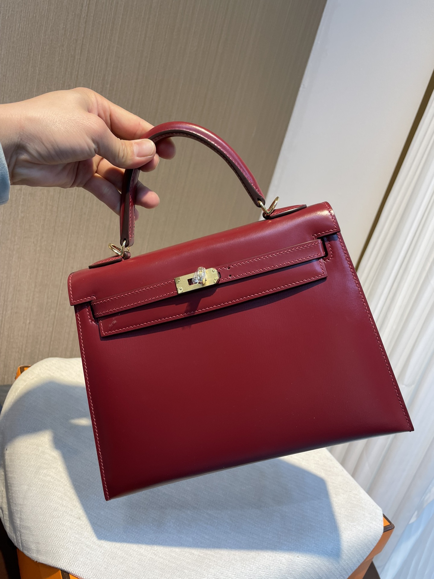 Hermes Kelly 28cm Handbag Shoulder Bag in Bordeaux Box Leather